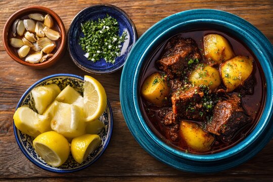Bowl of mechado with braised beef, diced potatoes, and garnished with herbs, alongside blue bowl of braised beef cooked Filipino traditional. Concept of warmth and coziness.
