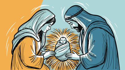 Stylized graphic illustration depicting a mother and father in quiet adoration of their newborn child in a manger.
