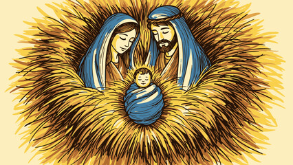 Reverent illustration of the sacred birth event, showing Mary and Joseph watching over the infant in a hay-lined manger, depicting a pivotal moment of cultural and religious significance.