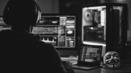 A silhouette of a person absorbed in the digital realm, surrounded by computer screens, headphones, and a mysterious mask, evoking intrigue and the enigmatic nature of technology and digital security.