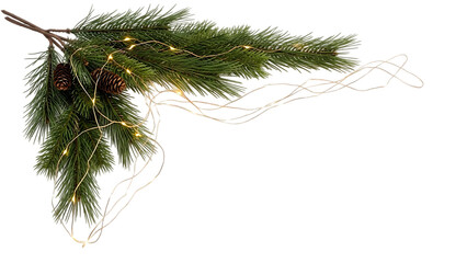 A festive corner decoration featuring pine branches, pine cones, and delicate string lights