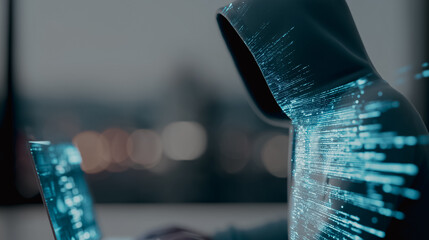 A mysterious figure shrouded in a hooded sweatshirt, their face obscured, intensely focuses on a laptop screen displaying a complex stream of code, emphasizing the digital domain's cryptic nature.