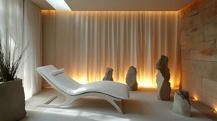 Modern luxury living room with beautiful single bed and flower pot with unique curtains 