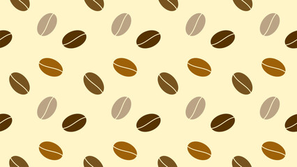 Seamless coffee bean pattern with various brown coffee beans on a light cream background, expressing warmth, aroma, and café atmosphere, ideal for coffee branding, packaging, menu design