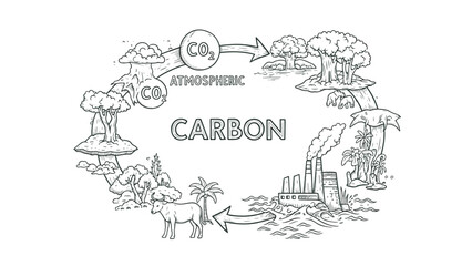 Obraz premium Educational diagram illustrating the intricate atmospheric carbon cycle, highlighting natural processes, industry, and environmental impact.