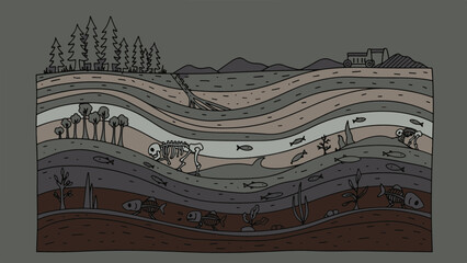 Educational illustration of Earth's deep geological cross-section revealing ancient fossils, diverse prehistoric life, and strata. © Dwi