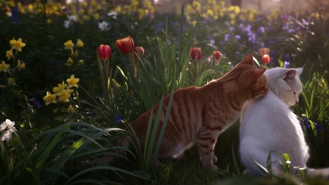 Two cats snuggling among spring flowers bathed in sunlight Stock Video