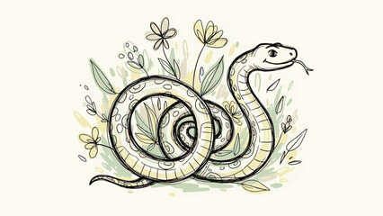 Whimsical illustration: Smiling snake coiled among lush green leaves and gentle pastel flowers.