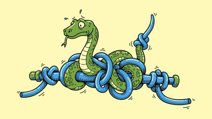 Vivid cartoon illustration of a distressed green snake tightly entangled in a complex blue rope knot, depicting a difficult dilemma. © Dwi