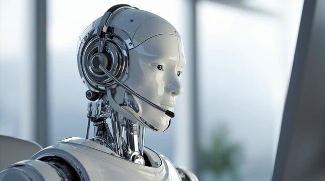 AI humanoid robot wearing headset for customer support technology