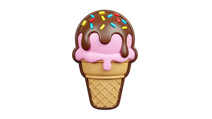 3D Ice Cream Cone with Sprinkles Isolated on White