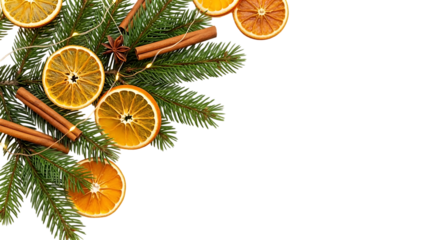 A festive corner decoration featuring dried orange slices, cinnamon sticks, and evergreen branches