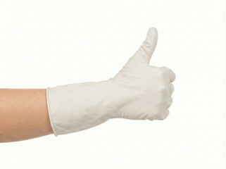 female hand in smooth matte white latex glove making a centered straight thumbs up gesture with visible forearm on a bright pure white background for premium hygiene visuals