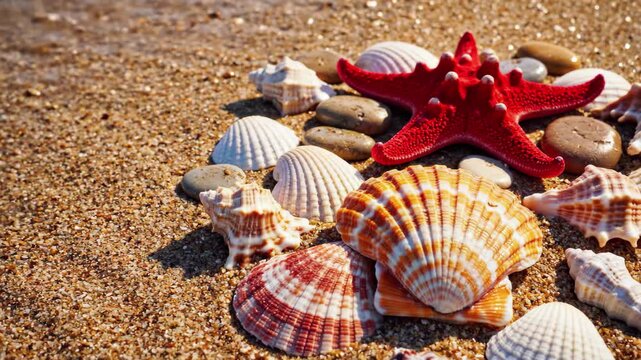 Sparkling sunlight on seashells and a red starfish creates a vibrant beach scene perfect for summer vacation memories, 4k