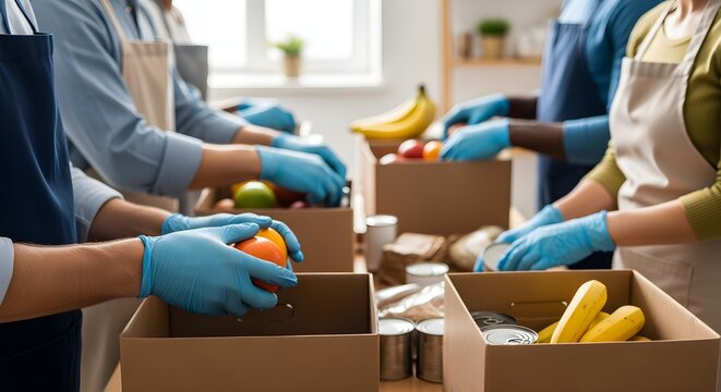Volunteers packing food and fruit into boxes for donation in a kitchen environment. - Powered by Adobe