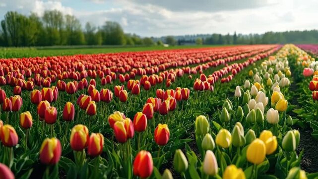 Vibrant tulip fields in bloom under a clear blue sky. International Women's Day, March 8th, IWD. Mother's Day, Mothering Sunday, Dia de la Madre