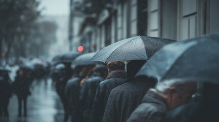Obraz premium People with Umbrellas Lined in Rain