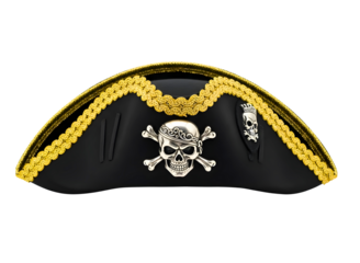 Pirate captain hat with gold trim and skull on transparent background