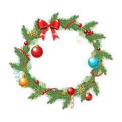 Christmas wreath made of fir branches and Christmas balls on a white background
