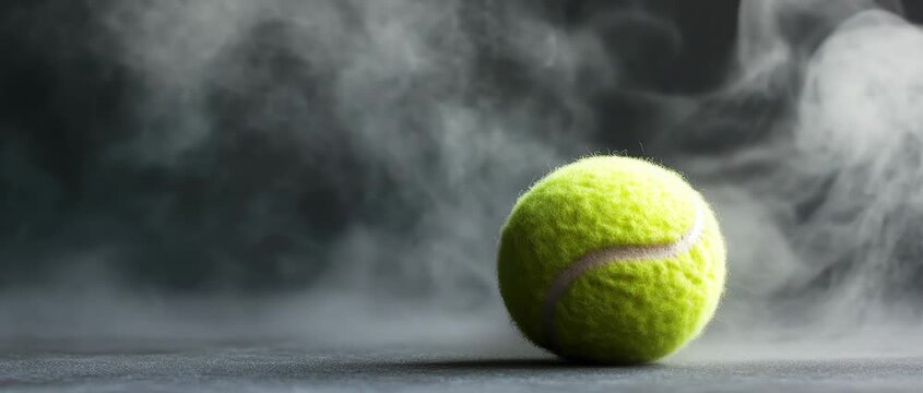 A vibrant tennis ball rests on a dark, smoky surface. Dramatic lighting highlights its fuzzy texture and intense presence.