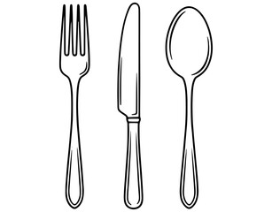 Outline Cutlery Set Icon. Hand-Drawn Fork, Knife, and Spoon Vector for Restaurant Menu, Dinner, or Catering Logo.