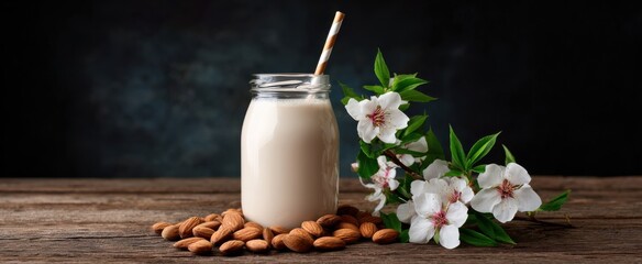 Homemade almond milk shake in a jar with fresh nuts close by.