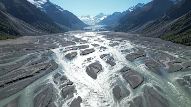 Braided River Landscape with Glacial Meltwater Flowing Through a Valley.