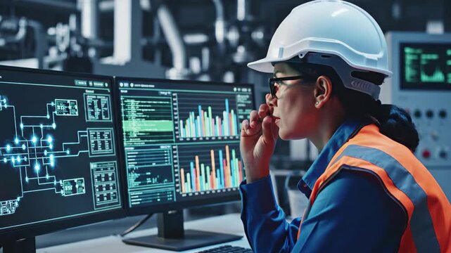 Focused engineer analyzing data charts and factory schematics in modern control room, ensuring quality with advanced technology, 4k