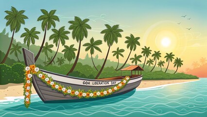 Festive Goan boat anchored near palm trees at sunrise.