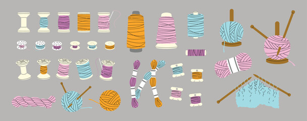 Thread and yarn equipment set on a grey background, vector illustration.