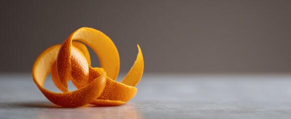 Curled orange peel twist garnish resting on a polished flat surface.