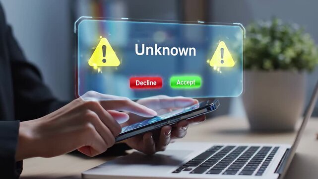 Urgent unknown call alert on modern smartphone laptop nearby business risk potential digital threat cybersecurity vulnerability, 4k