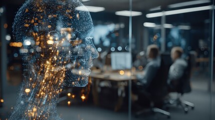 Artificial intelligence tool visualized in a business office with a professional team of managers using online software for commercial daily operations and communication