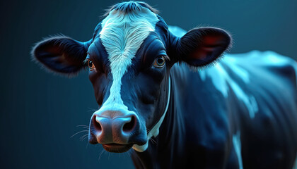 Black and white cow face close up. Blue digital futuristic light glows on its head. Modern farm animal portrait with tech elements. Future agriculture concept.