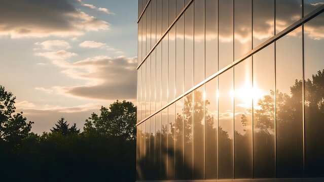 Modern Glass Office Building Reflecting Sunset Light