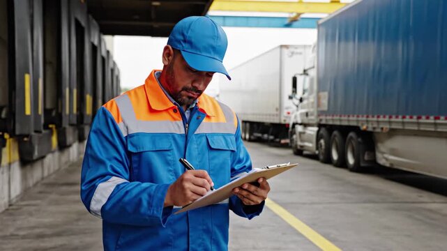Focused logistics worker with clipboard tracking inventory in busy shipping yard, ensuring efficient freight management and supply chain optimization, 4k