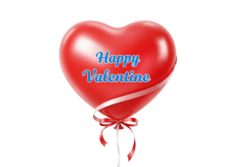 Red heartshaped balloon with happy valentine text and ribbon, isolated on transparent background
