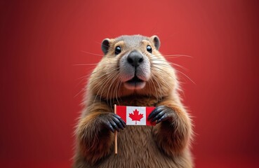 Cute beaver holds small Canadian flag with paws. Rodent with red maple leaf symbol looks forward on plain red backdrop. Patriotic animal concept for holiday celebration.