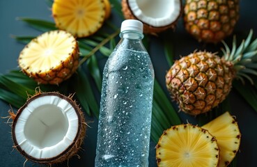 Condensation water bottle sits amongst tropical fruits. Pineapple and coconut surround refreshing drink. This image represents hydration, exotic tastes and sustained vitality.