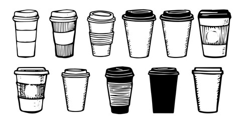 Hand drawn coffee to go, doodle sketch isolated on white. Takeaway cup with lid. Black and white line drawing.