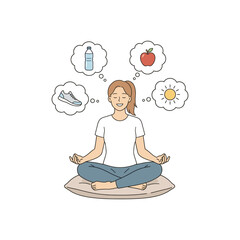 Calm woman meditation with positive healthy lifestyle thoughts including fitness nutrition hydration and mindfulness vector illustration