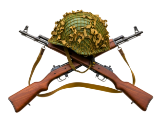 Military helmet and crossed rifles with camouflage pattern isolated on transparent background