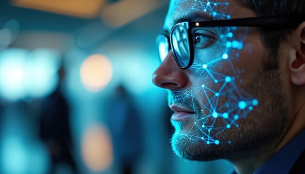 Man with glasses on face recognition scan. Futuristic tech uses biometric data for identity verification. Digital identity is a modern security and access control concept in urban environment.