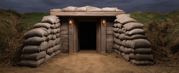 Obraz premium The sandbag fortified bunker entrance stands resilient protecting hope in a tense defensive position
