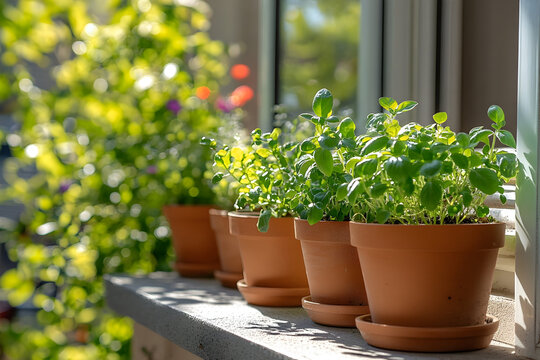 Lush green herbs thriving in terracotta pots on a sunlit balcony with blurred garden scenery in the background