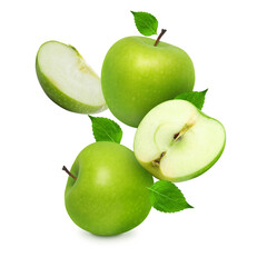 Fresh Green Apples with Slices and Leaves Isolated on White for Healthy Nutrition Concept on Transparent Background png