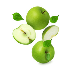 Fresh Green Apples with Slices and Leaves Isolated on White for Healthy Nutrition Concept on Transparent Background png