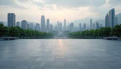 Wide concrete plaza faces modern city skyline at sunrise with green trees lining path. Buildings rise in distance, mist softens mountain backdrop, vast urban landscape unfolds.