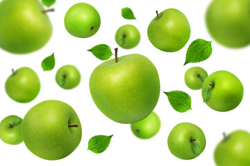 Floating Green Apples with Leaves Isolated on White Background for Healthy Food and Fresh Juice Concept on Transparent Background png