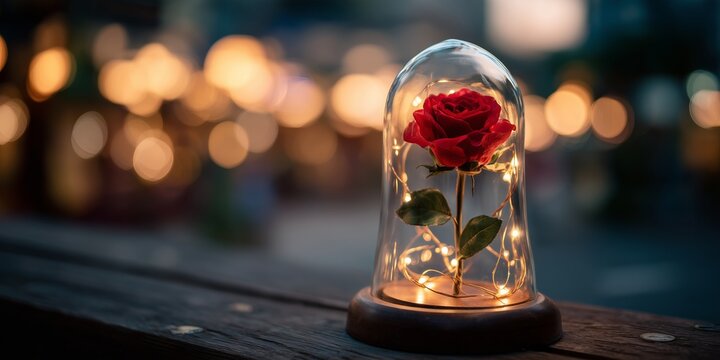 A single red rose under a glass cloche rests on a dark wooden base. Soft ambient glow and blurred lights emphasize its Valentine symbolism.